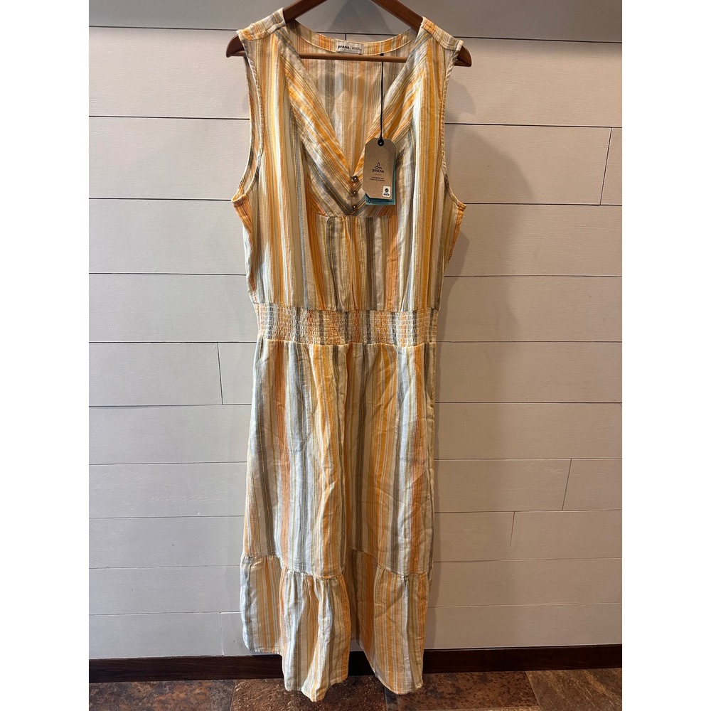 Prana Womens XL Organic Cotton Striped Smocked Waist Tiered Midi Dress Yellow NW
